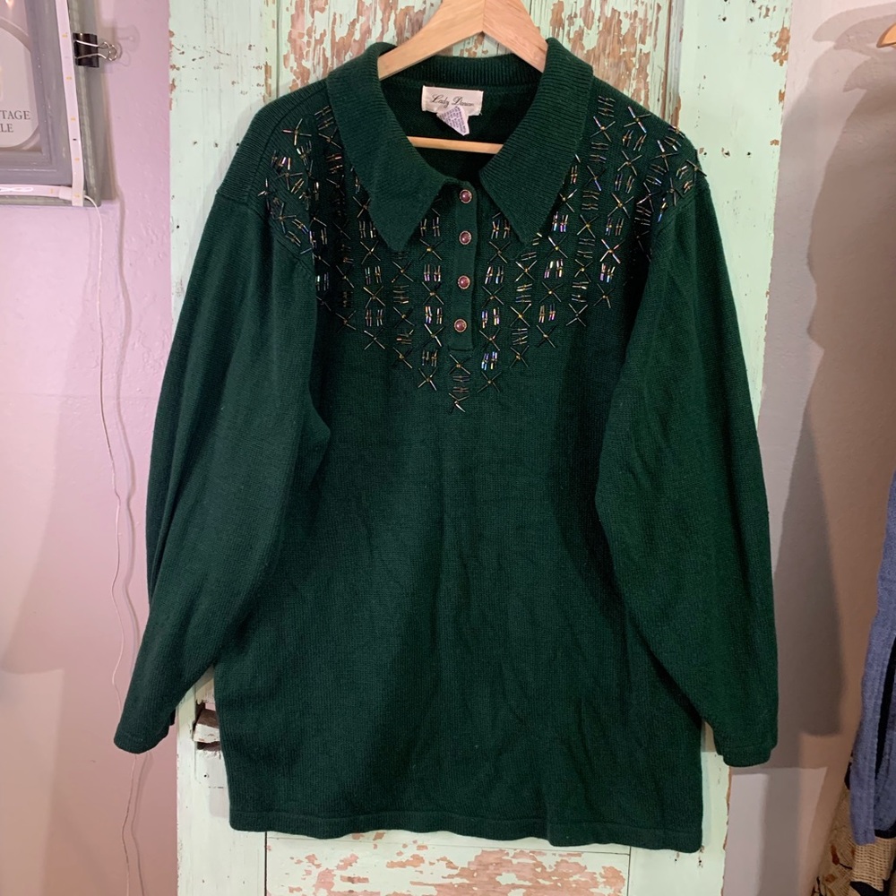 Women’s green vintage Lady Darian 1/4 button-up sweater with embroidery details
